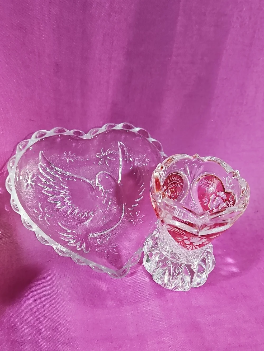 VTG Hofbauer German Lead Crystal Heart Dish & Ruby Bud Vase Collector Quality